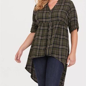 Torrid Sz 1 GREEN PLAID BABYDOLL TWILL TUNIC